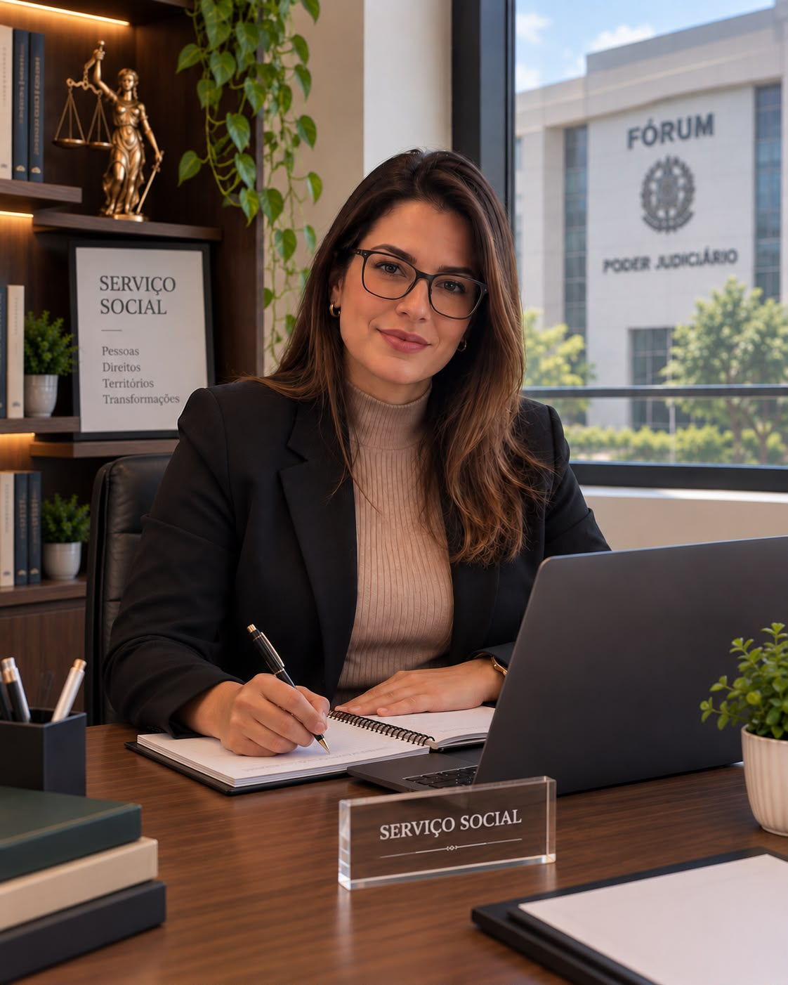 Assistente social em ambiente de escritório jurídico, preparando documentos técnicos para perícia social